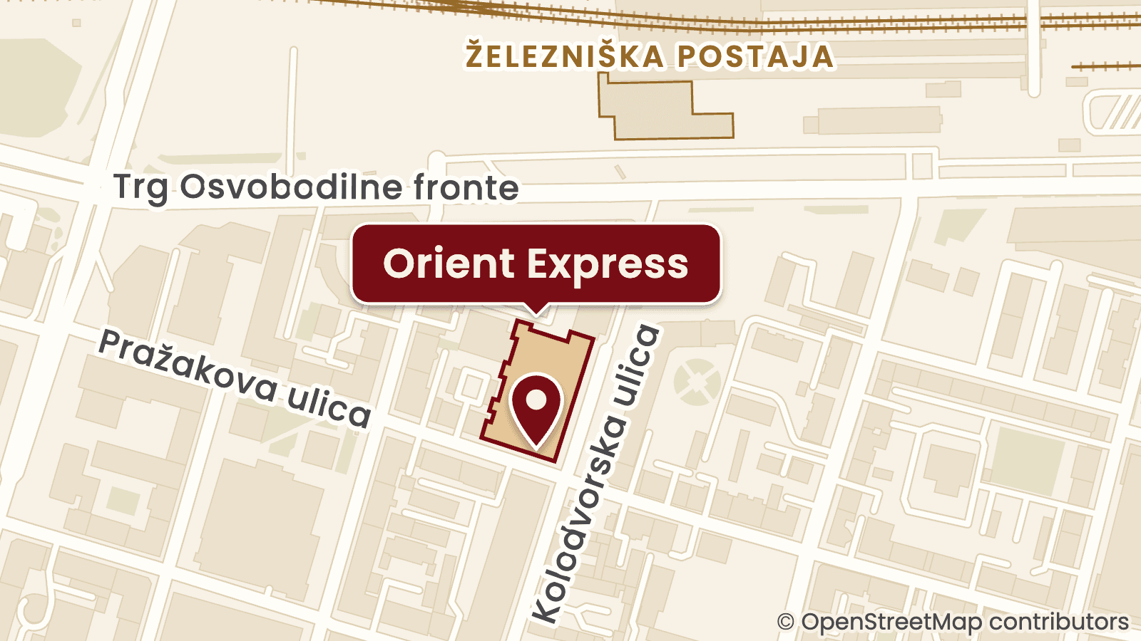 Zemljevid: Restavracija Orient Express je v poslovni stavbi Slovenskih železnic na vogalu Kolodvorske in Pražakove ulice, vhod je s Pražakove ulice. Glavna železniška postaja je severno, na drugi strani Trga Osvobodilne fronte.